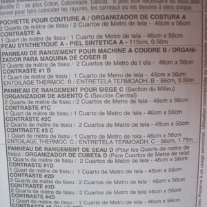 May include: A close-up of a sewing pattern guide with instructions for making a chair cushion, a seat cushion, and a bucket. The pattern guide is written in Spanish and includes measurements in centimetres.