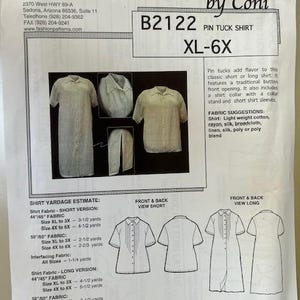 Puede incluir: Un patrón de costura titulado "Pin Tuck Shirt" de Coni, talla XL-6X. El patrón incluye ilustraciones de la camisa, estimaciones de metraje de tela y sugerencias de tela. El patrón presenta una camisa clásica corta o larga con botones y cuello.