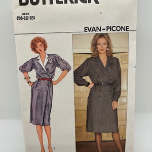 May include: Vintage sewing pattern for a dress by Butterick, pattern number 4681, size 14-16-18, designed by Evan-Picone. The pattern features two models wearing a dress with a wrap style and a belt.