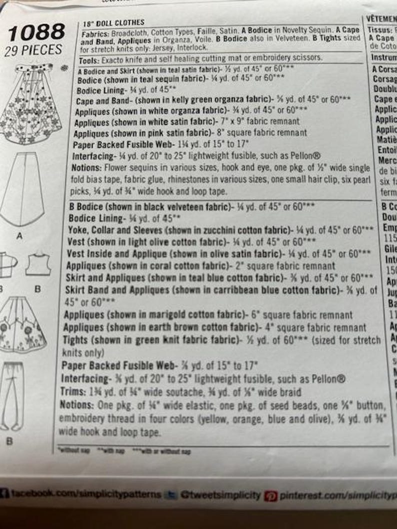 Peut inclure: Un patron Simplicity pour v&ecirc;tements de poup&eacute;e de 45 cm, avec corsage, jupe, cape et collants. Le patron d&eacute;taille les besoins en tissu en m&egrave;tres et centim&egrave;tres, comme le satin et l'organza. Il liste &eacute;galement les fournitures et garnitures n&eacute;cessaires.