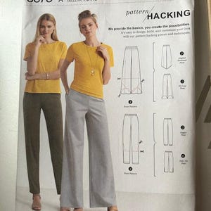 May include: Simplicity pattern 8378 features a woman in a yellow t-shirt and gray pants. The pattern includes instructions for various pant styles, including angled, hi-line, jogger, and side slit pants. The text "pattern hacking" is visible.