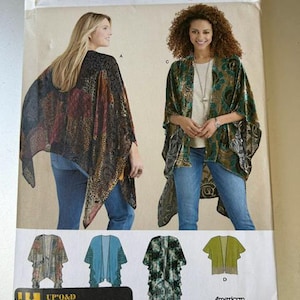May include: A Simplicity 8419 sewing pattern envelope for a loose-fitting kimono-style wrap with an asymmetrical hem. The cover features two views of the garment in patterned fabric, along with four smaller illustrations showing variations A, B, C, and D.