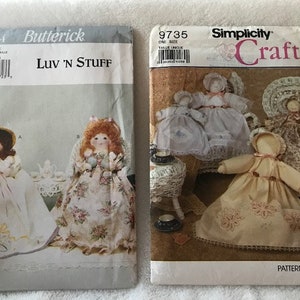 May include: Two vintage sewing patterns for making dolls. The pattern on the left is from Butterick and is called "Luv 'N Stuff". The pattern on the right is from Simplicity Crafts.