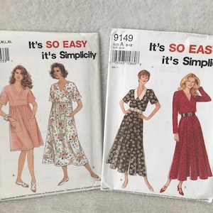 May include: Two sewing pattern envelopes with illustrations of women wearing dresses. The envelopes are white with black text that reads "It's SO EASY it's Simplicity". The pattern numbers are 9047 and 9149.