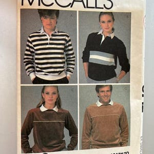 May include: A sewing pattern for a long-sleeved shirt with a collar. The pattern is for "The Gap" and is from McCall's. The pattern shows three different versions of the shirt: one with stripes, one with a solid color, and one with a brown color.