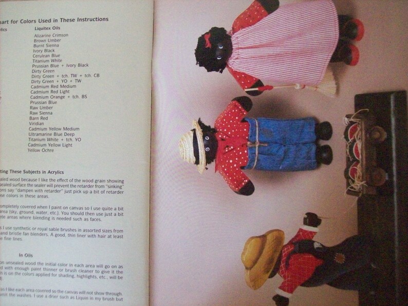 May include: A page from a book with instructions for painting dolls. The page lists the colours used in the instructions, including Liquitex Oils, Alzarine Crimson, Brown Umber, Burnt Sienna, Ivory Black, Cerulean Blue, Titanium White, Prussian Blue, Dirty Green, Cadmium Red Medium, Cadmium Red Light, Cadmium Orange, Prussian Blue, Raw Umber, Raw Sienna, Bam Red, Viridian, Cadmium Yellow Medium, Ultramarine Blue Deep, Titanium White, Cadmium Yellow Light, and Yellow Ochre.