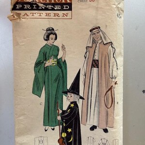 May include: Vintage sewing pattern for three Halloween costumes: a witch, a geisha, and a sheik. The pattern is from Butterick and is printed on a cream-colored paper with a brown border. The pattern number is 6344.