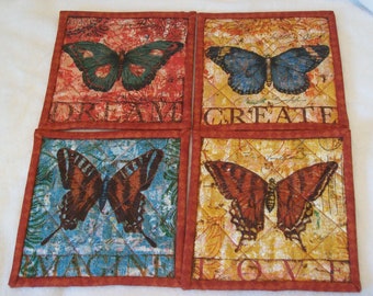 Butterfly Coasters, Cotton Coasters, Wine Coasters, Set of 4 Coasters