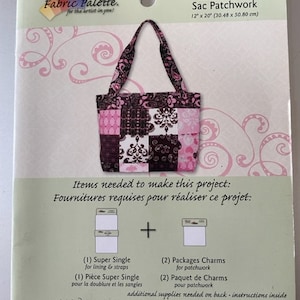 May include: A pink and brown patchwork bag with a white background. The bag is 12 inches by 20 inches and is made with fabric scraps. The image includes the text "Carefree Bag Sac Patchwork 12" x 20" (30.48 x 50.80 cm)" and "Items needed to make this project: Fournitures requises pour réaliser ce projet:" along with a list of materials needed to make the bag.