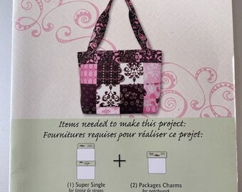 May include: A pink and brown patchwork bag with a white background. The bag is 12 inches by 20 inches and is made with fabric scraps. The image includes the text "Carefree Bag Sac Patchwork 12" x 20" (30.48 x 50.80 cm)" and "Items needed to make this project: Fournitures requises pour réaliser ce projet:" along with a list of materials needed to make the bag.