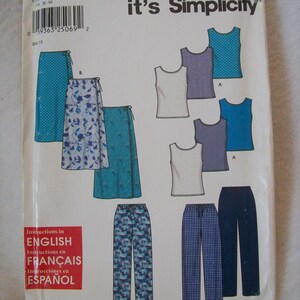 May include: A sewing pattern for a skirt, pants, and tank tops. The pattern includes instructions in English, French, and Spanish. The pattern is for sizes 8-18.