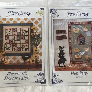 May include: Two quilting patterns, "Blackbird's Flower Patch" and "Hen Party", from Four Corners. The Blackbird's Flower Patch pattern is 26 inches by 20 inches and features a blackbird, flowers, and a birdhouse. The Hen Party pattern is 22 inches by 30 inches and features a hen, eggs, and a coop.