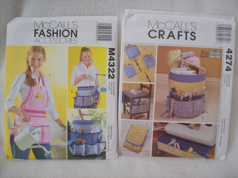 May include: Two sewing patterns, one for a gardening apron and the other for a variety of storage organisers. The apron pattern is from McCall's Fashion Accessories and is number M4322. The organiser pattern is from McCall's Crafts and is number 4274.