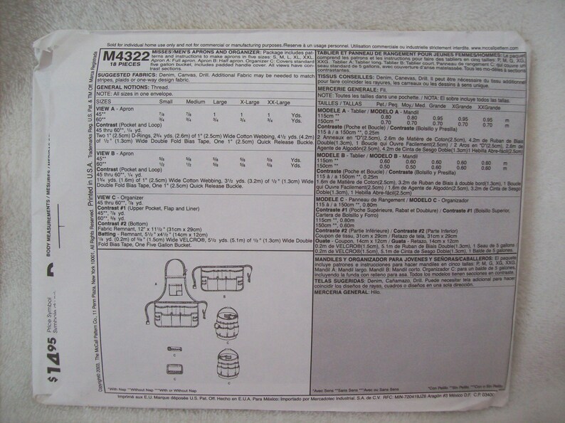 May include: A sewing pattern for aprons and organisers. The pattern includes instructions for making three different styles: an apron with a pocket and loop, an apron with a pocket and loop, and an organiser. The pattern is printed on a white background with black text and illustrations. The pattern is for 18 pieces and includes sizes small, medium, large, x-large, and xx-large.