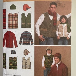 May include: A sewing pattern for vests and jackets. The pattern includes instructions for making a plaid vest, a green vest, a camouflage vest, a brown vest, a red jacket, and a blue and white striped jacket. The pattern also includes instructions for making hats.