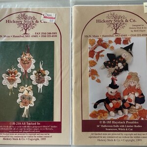 May include: Two craft patterns for making Halloween dolls. The first pattern is for four 6-inch potpourri filled doilies. The second pattern is for three 16-inch dolls: a scarecrow, a witch, and a cat. Both patterns are from Hickory Stick & Co. and include copyright information.