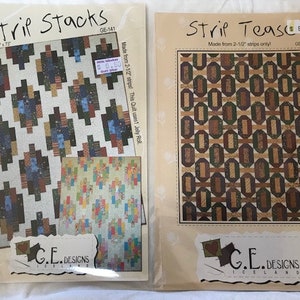 Può includere: Due modelli di patchwork, "Strip Stacks" e "Strip Tease", con istruzioni per realizzare quilt a partire da strisce di tessuto da 6,35 cm. I modelli sono stampati su carta color crema con un bordo marrone.