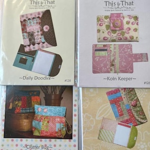 May include: Four craft pattern packets from "Little Scraps This & That" are displayed. The packets feature colorful quilted designs for items like a daily doodler, coin keeper, clutter bug, and a "Just a Note" item. Each packet has a unique design.