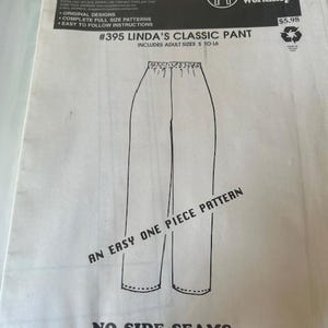 May include: A sewing pattern for Linda's Classic Pant by MacPhee Patterns. The pattern includes adult sizes 5 to 16 and features an easy one-piece design with no side seams. The pattern's packaging is white with black text and a line drawing of the pants.