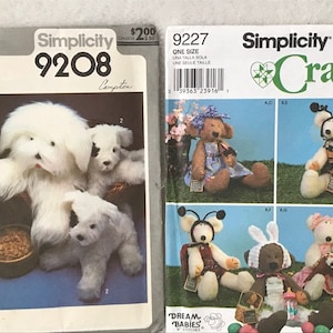 Simplicidad 9227, Simplicidad 9208, Perros de peluche, Oso de peluche, Conejito de peluche, UNCUT