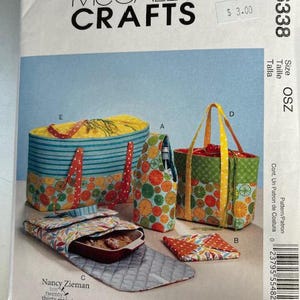 May include: McCall's Crafts sewing pattern M6338 featuring various fabric projects. Includes a tote bag, casserole carrier, wine bottle holder, and other accessories. The pattern features colorful fabrics with fruit and floral designs.