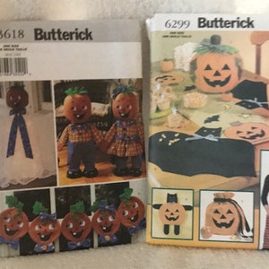 May include: Two sewing patterns from Butterick. The first pattern is number 3618 and includes instructions for making a ghost, two pumpkin people, and four small pumpkins. The second pattern is number 6299 and includes instructions for making a table runner, a pumpkin bag, and a pumpkin-shaped pillow.