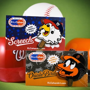 Baltimore Orioles Bird & Washington Nationals Screech MLB Baseball inspired Funny Mascot Popsicle 1.75&quot; Hard Enamel Pins