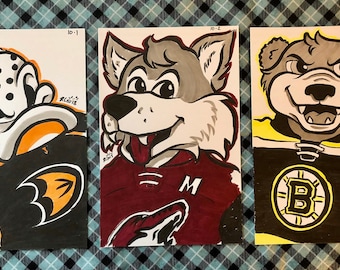 NHL Ice Hockey Mascot Original Ink Drawings OOAK 5.5 x 8.5