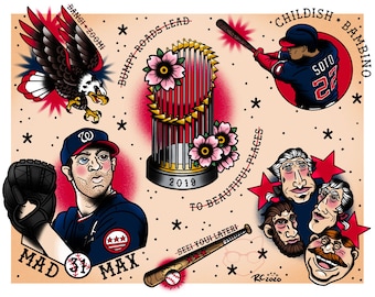 Washington DC Nationals-Inspired Baseball Tattoo Flash 11x14 Art Print