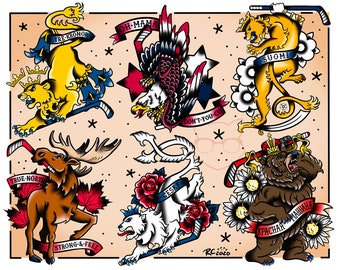 Ice Hockey International Olympic Teams Tattoo Flash 11x14 Art Print (with Optional Sticker Pack Bundle)