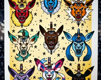 Pokémon Eeveelutions-Inspired Tattoo Flash Sheet 11"x14" Art Print