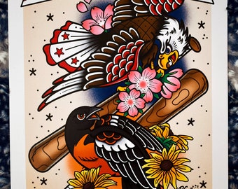 Washington Nationals & Baltimore Orioles MLB Baseball Battle of the Beltways Rivalry 12"x18" Tattoo Flash Art Poster Print