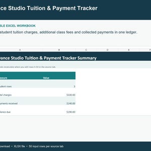 Dance Studio Tuition and Payment Tracker Excel Spreadsheet | Student Charges and Balance Due