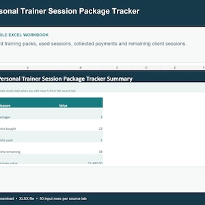 May include: A digital Personal Trainer Session Package Tracker Excel workbook. The interface displays a summary table with columns for Measure and Value, tracking packages, units bought, units used, units remaining, and total package value.