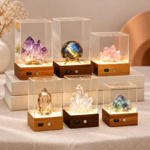 May include: Six rectangular display cases with wooden bases and clear acrylic covers, each containing a unique mineral specimen. The bases feature integrated LED lighting, a power port, and a circular button. The crystals include amethyst, labradorite, rose quartz, smoky quartz, clear quartz, and fluorite.
