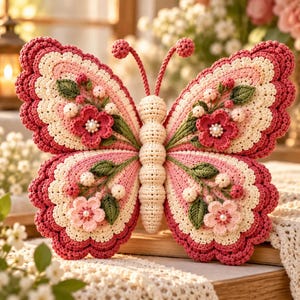 May include: A crocheted butterfly decoration featuring a cream-colored central body and wings with scalloped edges in shades of pink and cream. The wings are embellished with crocheted green leaves, small white buds, and pink flowers with pearl centers.