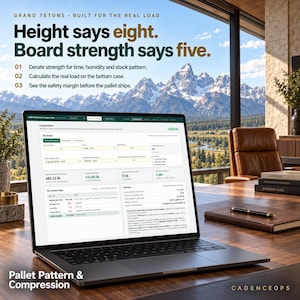 May include: A laptop displaying the Pallet Pattern & Compression software interface on a wooden desk. The screen shows technical data, load calculations, and the text: Height says eight. Board strength says five. Grand Tetons - Built for the real load.