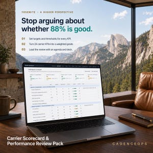 May include: A laptop displaying a Carrier Scorecard and Performance Review Pack with data tables and KPI metrics. The screen shows text including Stop arguing about whether 88% is good, Yosemite A Higher Perspective, and the brand name CADENCEOPS.