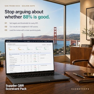 May include: A laptop displaying a Supplier QBR performance scorecard with data tables and metrics. The screen shows text: Stop arguing about whether 88% is good. The background features a view of the Golden Gate Bridge in San Francisco.