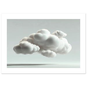 May include: A three-dimensional sculpture of a cloud with a smooth, glossy white finish. The object features rounded, bulbous segments that mimic the appearance of a cumulus cloud, suspended against a plain, light grey background.