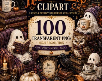 May include: A digital collection of 100 Halloween-themed clipart images featuring ghosts, a black cat, an owl, and a raven. The artwork includes books, pumpkins, and mugs with text like Books Cats & Spooky Nights, Currently Reading, and Tea & Books.