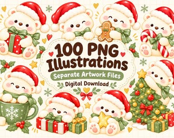 May include: A collection of digital illustrations featuring white teddy bears wearing red Santa hats. The central text reads 100 PNG Illustrations, Separate Artwork Files, and Digital Download. The bears are shown with gifts, a mug, and a tree.