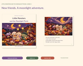 May include: A digital children's book titled Little Monsters and the Moonlight Picnic, featuring illustrations of felt-style characters including a vampire, skeleton, mummy, and witch having a picnic under a golden crescent moon.