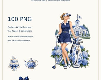 May include: A digital collection titled DELFT BLUE GOLF BIRTHDAY featuring 100 PNG files. The graphics include a golfer in a navy dress, a clubhouse, a tiered cake, a teapot, and a bow, all decorated with blue and white floral patterns.