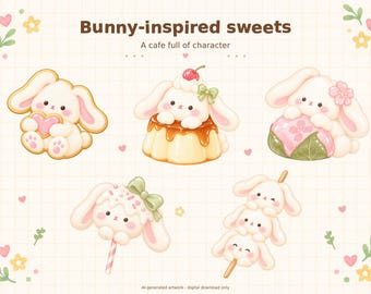 May include: A digital illustration titled Bunny-inspired sweets, A cafe full of character, featuring five white bunny characters integrated with desserts including a heart cookie, custard pudding, sakura mochi, a cake pop, and a three-bunny skewer.