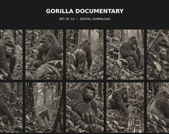 May include: A digital download set of 10 black and white photographs titled GORILLA DOCUMENTARY. Each image features a gorilla in a natural forest habitat, showing various poses including sitting, walking, and resting among dense foliage and trees.