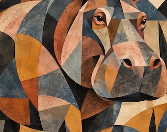 May include: A geometric illustration of a hippopotamus composed of angular shapes in shades of blue, brown, tan, and black. The hippo is depicted in profile against a background of intersecting polygons and a circular sun-like form in the upper right.