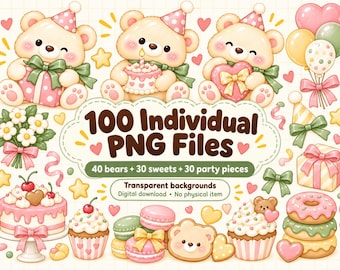 May include: A digital collection of 100 individual PNG files featuring illustrations of teddy bears, cakes, cupcakes, donuts, macarons, balloons, and gift boxes. The central text reads 100 Individual PNG Files, 40 bears + 30 sweets + 30 party pieces.