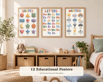 May include: Three framed educational posters featuring pastel-colored 3D illustrations of shapes, letters, and weather patterns. Each poster has a white background with clear, bold text labels for each item, displayed in light wood frames on a wall.