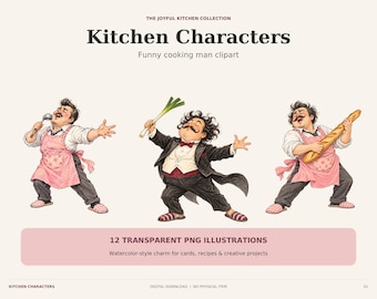 May include: A digital collection titled Kitchen Characters featuring 12 watercolor-style illustrations of men in various cooking poses. The characters wear pink aprons or formal suits, holding kitchen items like a ladle, leek, and baguette.